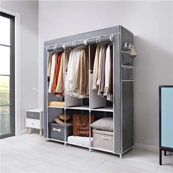 Portable Wardrobe Closet with Oxford Cloth Cover, 51" L x 18" D x 63" H, Grey B - Picture 3 of 7